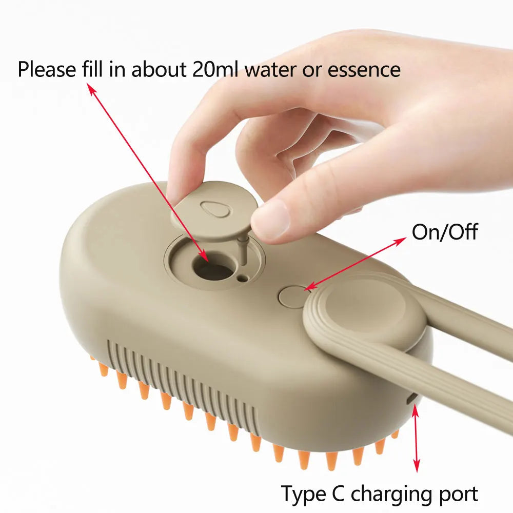 Beige steam brush with on/off switch, Type C charging port, and instructions for filling with liquid.